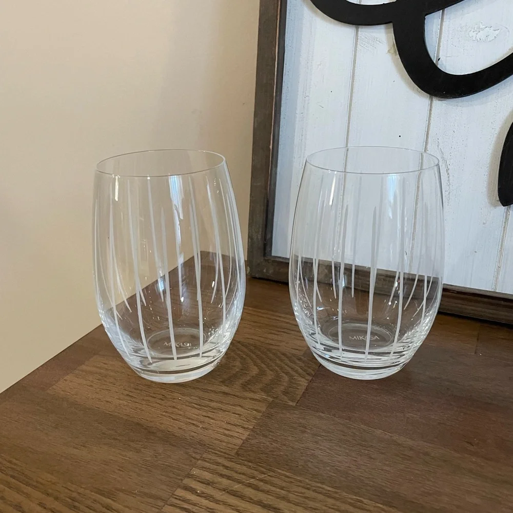 Mikasa Crystal Cheers Stemless Wine Glasses with Etched Stripes- Set of 2